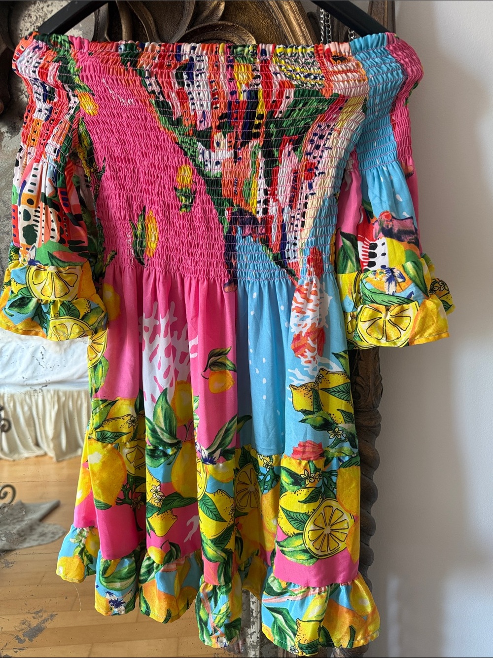 Off-Shoulder Lemon Print Casual Dress in Pink & Blue
